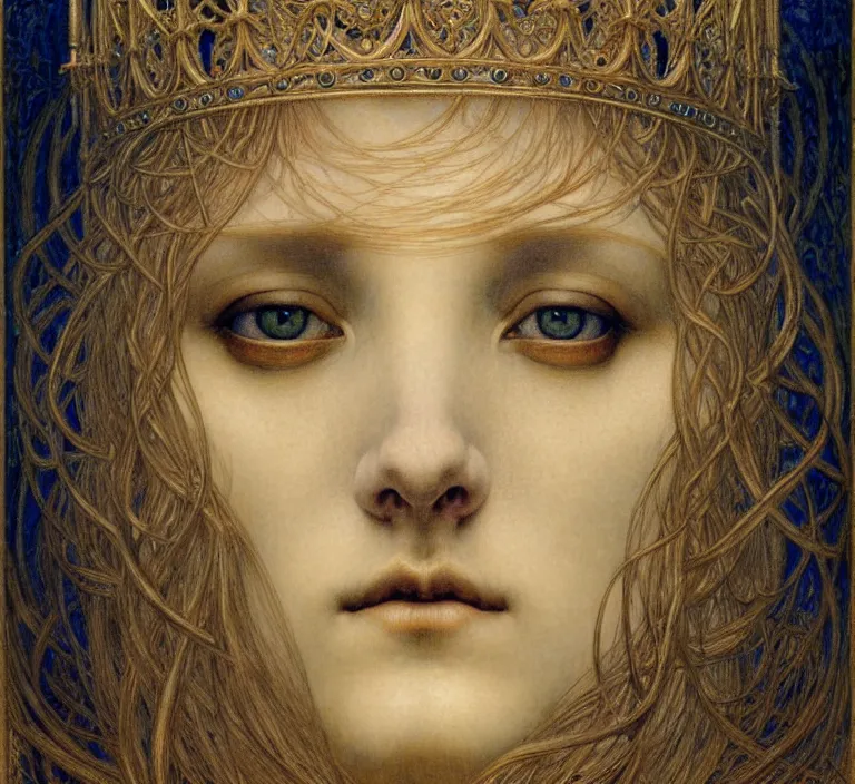 Image similar to detailed realistic beautiful young medieval queen face portrait by jean delville, gustave dore and marco mazzoni, art nouveau, symbolist, visionary, gothic, pre - raphaelite. horizontal symmetry