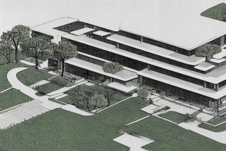 Image similar to a suburban office headquarters designed by Paul Rudolph