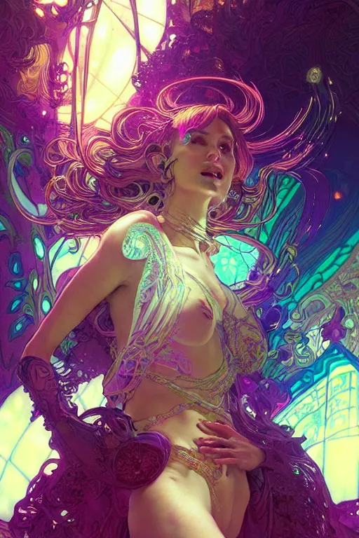 Prompt: psychedelic acid trip, backlight reactive, sexy, fantasy, intricate, elegant, highly detailed, digital painting, artstation, concept art, matte, sharp focus, illustration, art by Artgerm and Greg Rutkowski and Alphonse Mucha