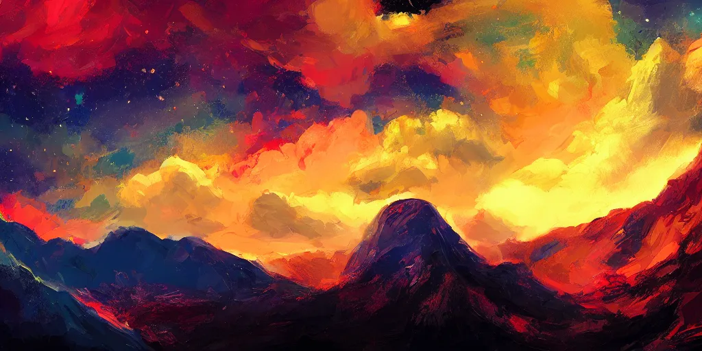 Image similar to willem dafoe, mountain landscape, night sky, digital art, digital painting, celestial, majestic, colorful