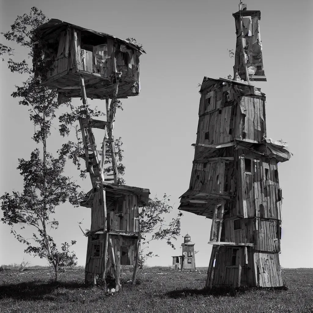 Prompt: a tower made up of makeshift squatter shacks, mamiya, 8 5 mm, f 1. 7, fully frontal view, uniform plain sky, fine details, photographed by julie blackmon and ansel adams