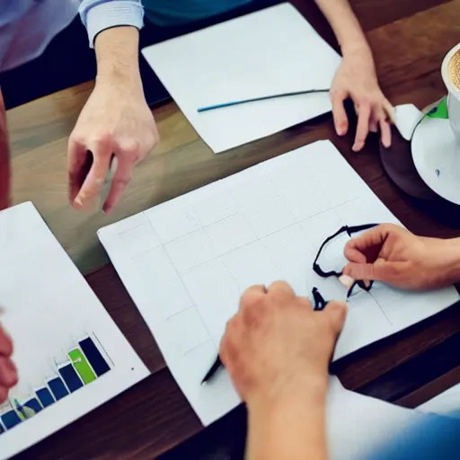 Prompt: stock photograph of people enjoying making a gantt chart, movement, energy, coffee