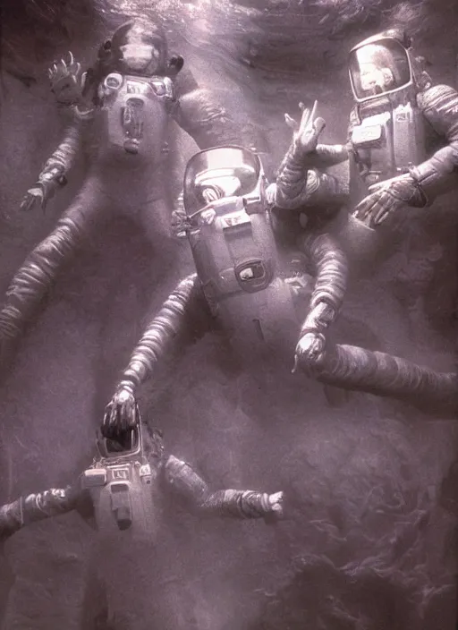 Image similar to polaroid astronauts in dark and empty void underwater - complex and hyperdetailed technical suit. reflection and dispersion materials. rays and dispersion of light. volumetric light. 5 0 mm, f / 3 2. noise film photo. flash photo. ultra realistic, poster by wayne barlowe, hajime sorayama aaron horkey, craig mullins, smooth