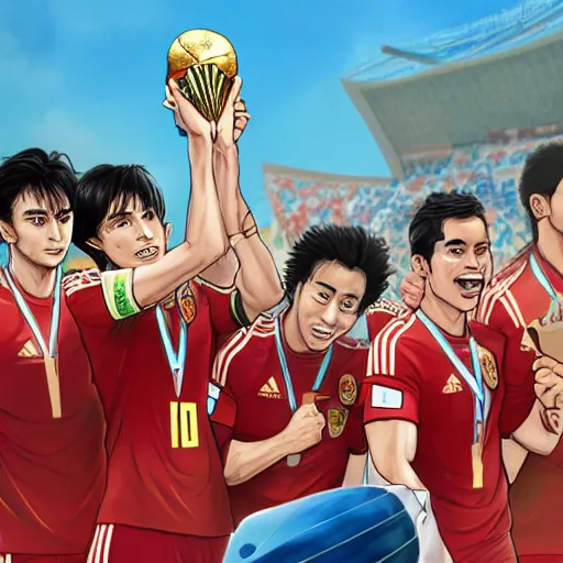 Image similar to james rodrigez holding the world cup in captain tsubatsa, pixiv, high quality