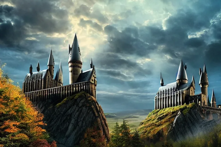 Image similar to Harry potter looking down to Hogwarts, happy after a long fight, photo-realistic, golden hour, epic