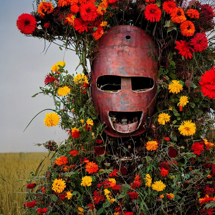 Image similar to closeup portrait of a rusted robot wearing a cloak made of zinnias and rainbows, in an empty field, by Annie Leibovitz and Steve McCurry, natural light, detailed face, CANON Eos C300, ƒ1.8, 35mm, 8K, medium-format print