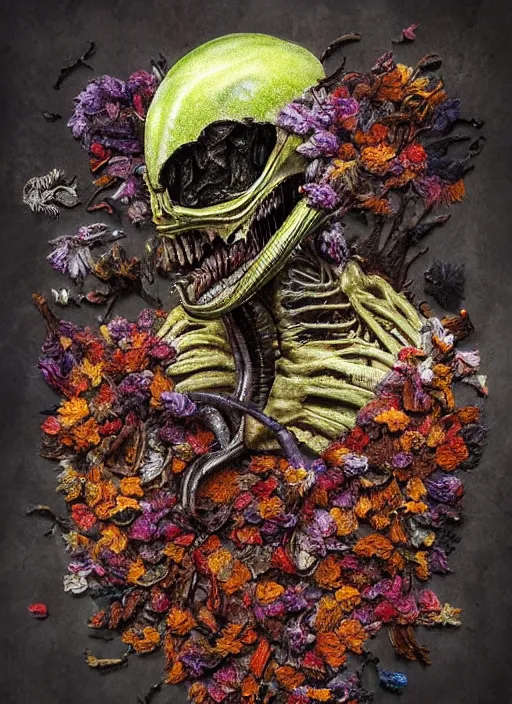 Prompt: millions of colorful dried flowers in the form of a xenomorph from Ridley Scott’s movie Alien, in the style of Rembrandt and Giger, dark and moody masterpiece, trending on ArtStation, trending on DeviantArt