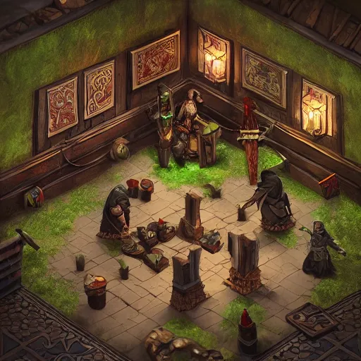 Image similar to Isometric D&D tabletop game map of tavern interior, orc themed, dark, evil looking, very realistic, cinematic lighting, CGI render, trending on artstation