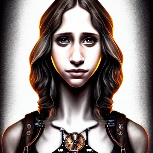 Image similar to in the style of pedro campos, diego fazio, artgerm, beautiful taissa farmiga, steampunk, elegant pose, middle shot waist up, symmetrical face symmetrical eyes, cinematic lighting, detailed realistic eyes, short neck, insanely detailed and intricate elegant