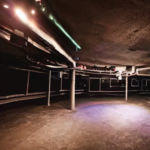 Prompt: wide angle shot of an underground club which is located two floors underground in parking a lot with minimal hip - hop lighting design which can be seen from the street