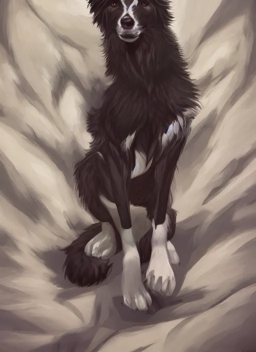 Image similar to wide angle beautiful full body portrait of a strong male anthropomorphic anthro border collie fursona, furry art, furaffinity, beautiful, glamor pose, detailed, aesthetic, trending on artstation