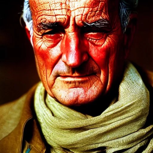 Image similar to portrait of president lyndon b johnson as afghan man, green eyes and red scarf looking intently, photograph by steve mccurry