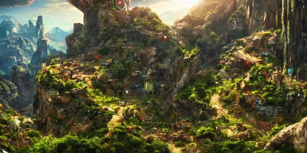 Image similar to a cinematic composition : where a myserious character floats atop a mountain radiating his transformative energy, the energy shifts the cybernetic cyberpunk civilization in the valley to a lush green overgrowing solarpunk civilization