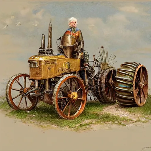 Image similar to ( ( ( ( ( the medieval king riding royal farm tractor, fully ornated with intricate gold and jewels. muted colors. ) ) ) ) ) high resolution, high quality, by jean - baptiste monge