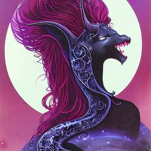 Image similar to portrait of princess of the dreamlands and moon beast, beautiful! coherent! by brom, deep colors, red maroon purple pink black, strong lines, rule of thirds