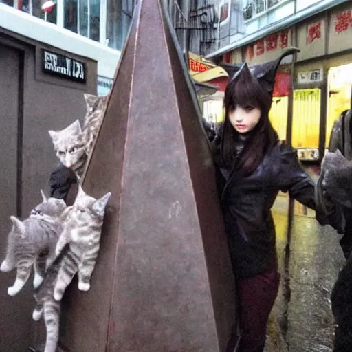 Prompt: pyramid head from silent hill petting a group of kittens in the rainy streets of Tokyo