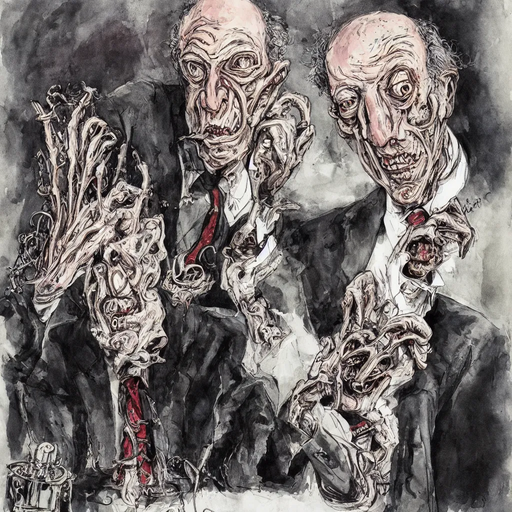 Image similar to Jacob Rothschild by Ralph Steadman, illustration, body horror, biopunk, 8k , trending on artstation