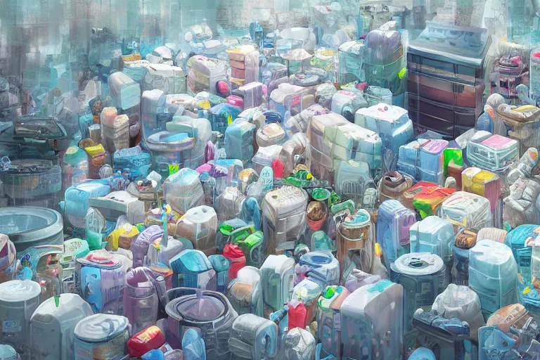 Image similar to Diaper Disposal Factory, Overflowing with Diapers, digital art, fantasy, trending on artstation, professional illustration, cgsociety, ultra detailed, celshaded, colorful, mechanical