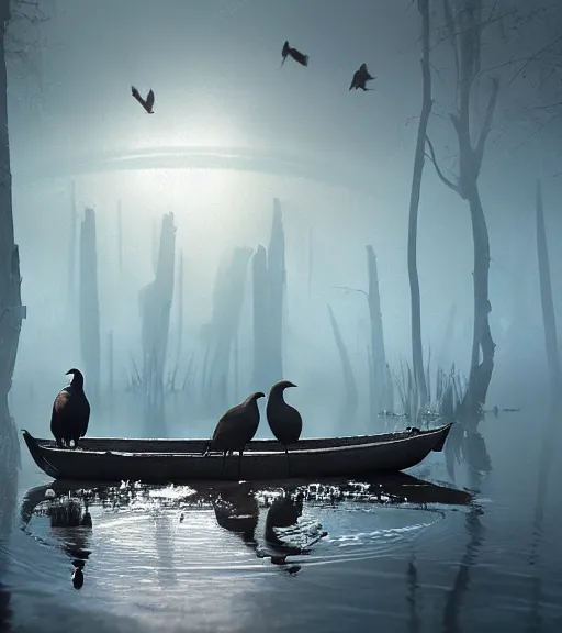 Image similar to three long legs crows in a little boat in a swamp, volumetric lighting, majestic light, octane render, ethereal glare of the sun, hyperrealistic, epic, masterpiece, by greg rutkowski