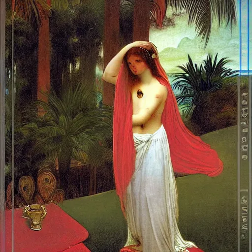 Image similar to Girl with a blood dripping chalice at the palace, thunderstorm, pool, beach and palm trees on the background major arcana sky, by paul delaroche, alphonse mucha and arnold böcklin arnold böcklin hyperrealistic 8k, very detailed