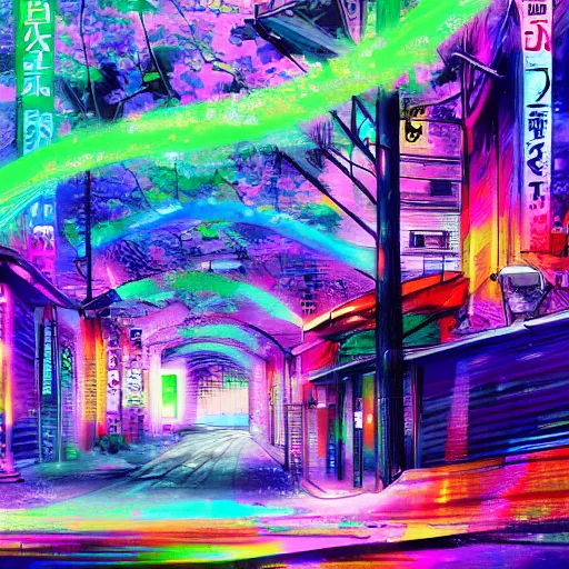 Prompt: r 3 4 gtr, psychedelics, tokyo background, artstation, digital painting