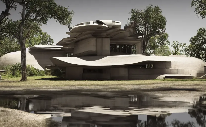 Image similar to futuristic rural architectural masterpiece by frank Lloyd wright and Zaha hadid, detailed, octane render, photo realism, 3D, ray tracing, photo realism