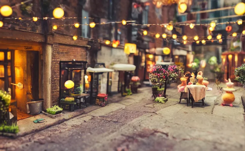 Image similar to miniature cafe diorama macro photography, cafe with felted bunnies, alleyway, ambient, atmospheric, british, cozy, bokeh, romantic, colorful lanterns