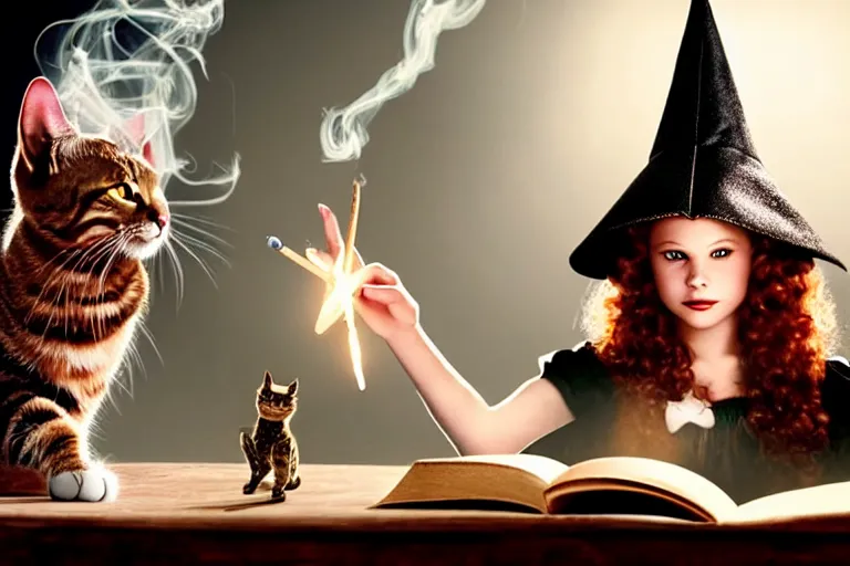 Image similar to close up portrait, dramatic lighting, teen witch calmly pointing a magic wand casting a spell over a large open book on a table with, short hair, cat on the table in front of her, sage smoke, a witch hat cloak, apothecary shelves in the background, still from the wizard of oz