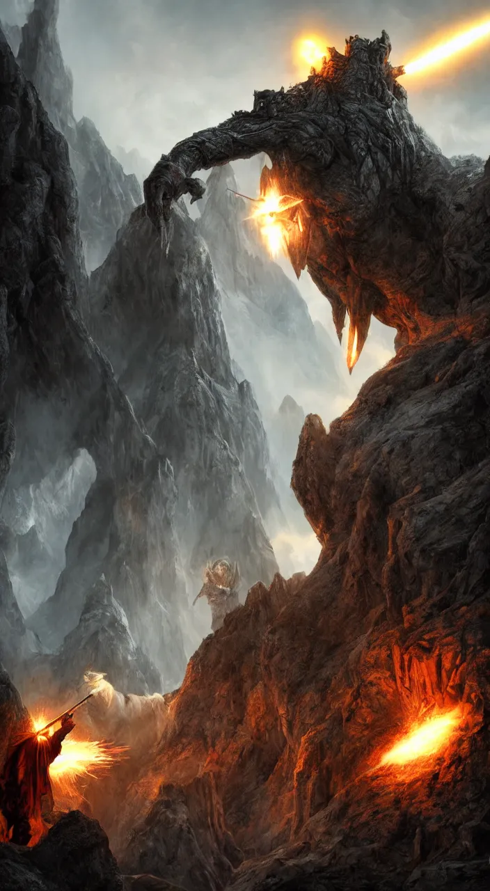 Image similar to gandalf shooting a balrog with a rocket launcher on the bridge of khazad dum, dark, fiery, mines of moria, lord of the rings aesthetic, in style of alan lee, cinematic, cinematic lighting, octane render, highly detailed