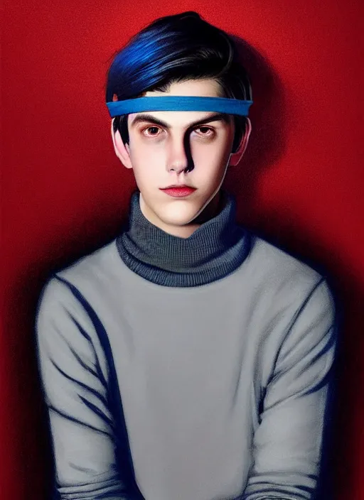 Prompt: portrait of teenage jughead jones wearing a light grey crown, crown, blue turtleneck, closed eyes, photorealistic, black hair, glowing lighting, intricate, elegant, glowing lights, highly detailed, digital painting, artstation, concept art, smooth, sharp focus, illustration, art by wlop, mars ravelo and greg rutkowski