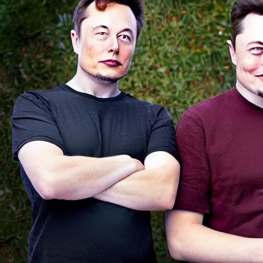 Image similar to A portrait photo of Elon Musk teams up with a teenage Elon Musk, perfect faces, 50 mm, award winning photography