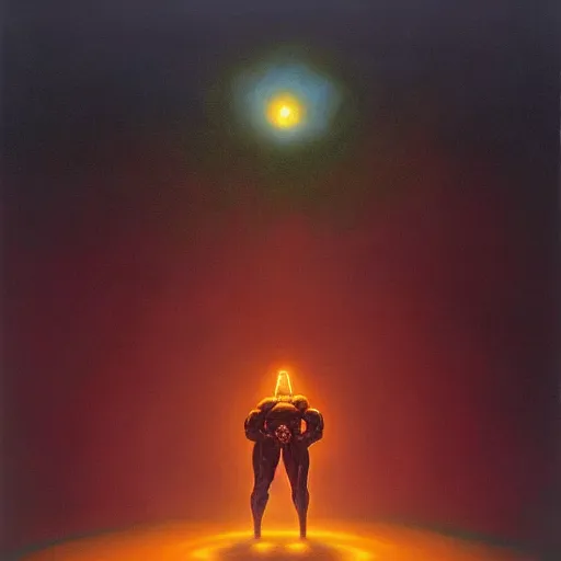 Image similar to peer into the depths of the endless cosmic void, shine a light on your darkest terror. by micheal whelan, oil on canvas