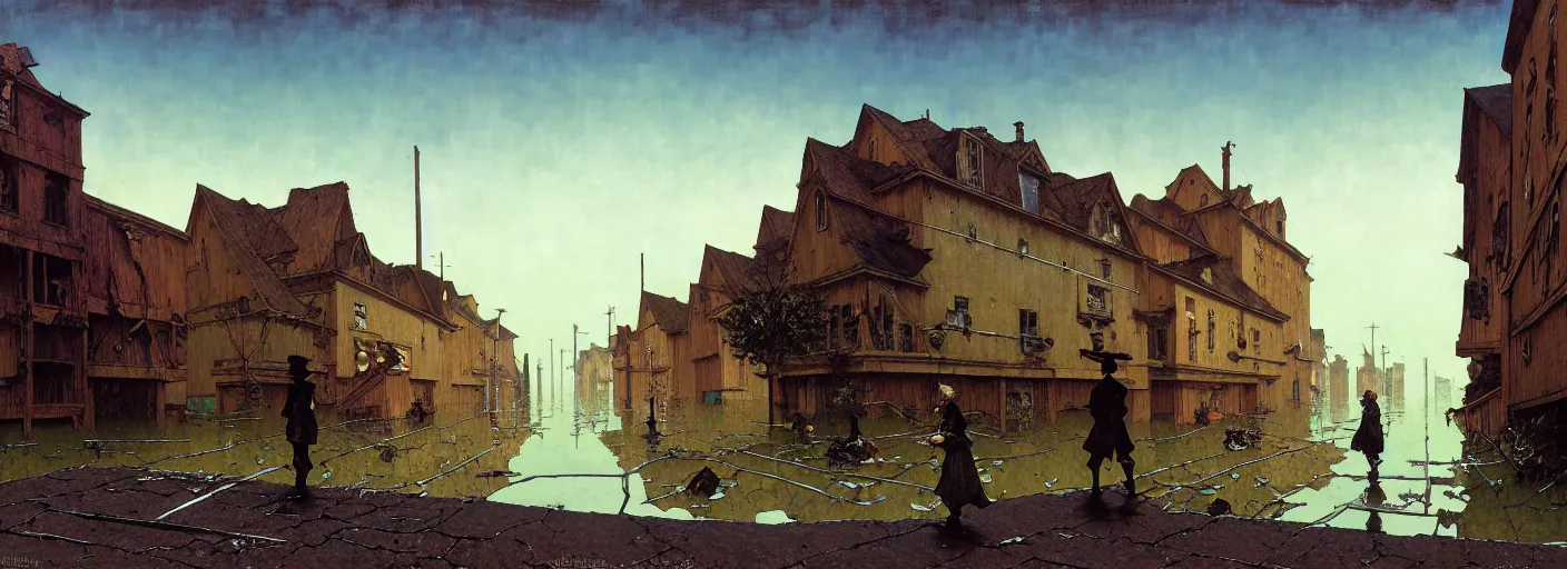 Image similar to flooded old wooden empty cursed city street, very coherent and colorful high contrast masterpiece by norman rockwell rene magritte simon stalenhag carl spitzweg jim burns, full - length view, dark shadows, sunny day, hard lighting, reference sheet white background