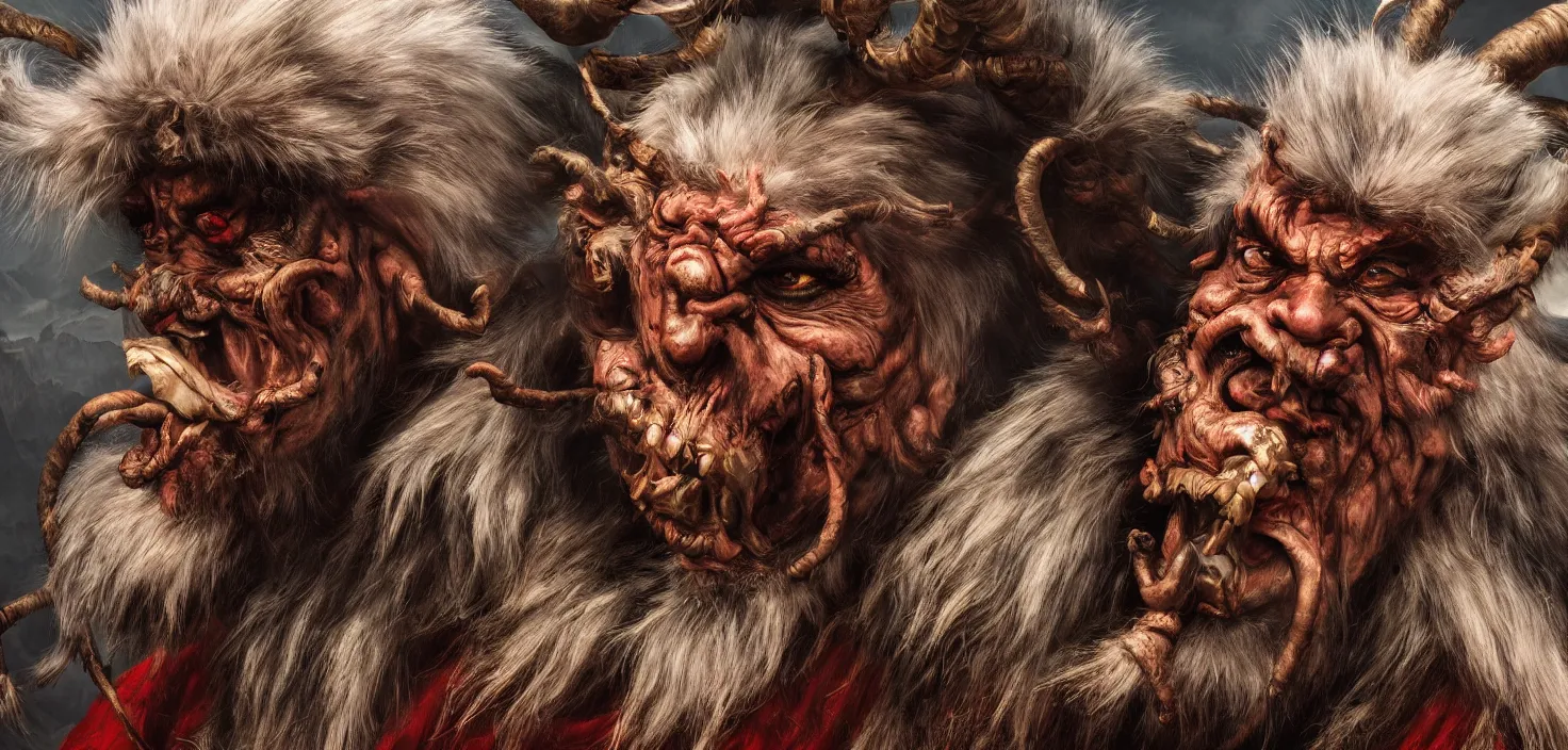 Prompt: hyperrealist highly detailed neo-baroque photography portrait of krampus standing in dolomites concept art pascal blanche dramatic studio lighting 8k wide angle shallow depth of field