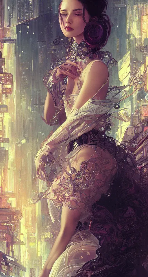 Prompt: beautiful young girl vaporwave aesthetic, synthwave, intricate, elegant, highly detailed, digital painting, in bladerunner city, artstation, concept art, smooth, sharp focus, illustration, art by artgerm and greg rutkowski and alphonse mucha