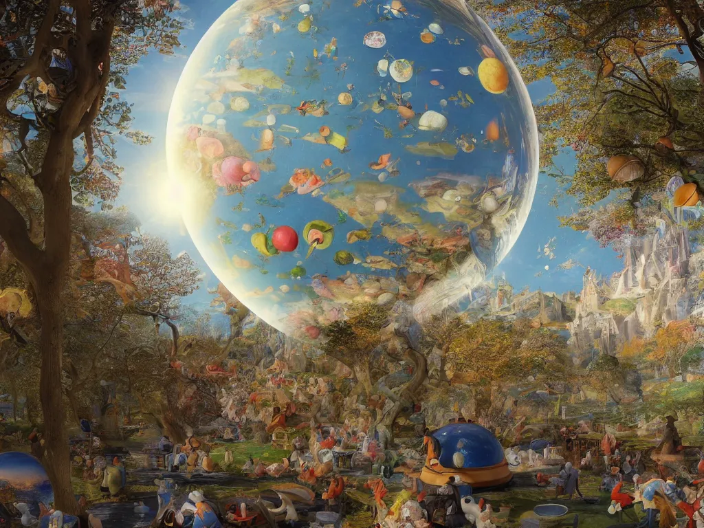 Image similar to 3 d render, sunlight study, the universe is a spheroid region 7 0 5 meters in diameter, art nouveau, by jan brueghel the younger and ( ( ( ( ( lisa frank ) ) ) ) ), 8 k, sharp focus, octane render