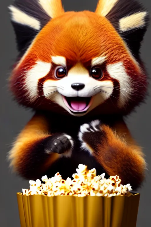 Prompt: high quality 3 d render hyperrealist very cute gothic happy red panda & cat hybrid eating popcorn, vray smooth, detective pikachu, very dramatic light, low angle, uhd 8 k, shallow depth or field