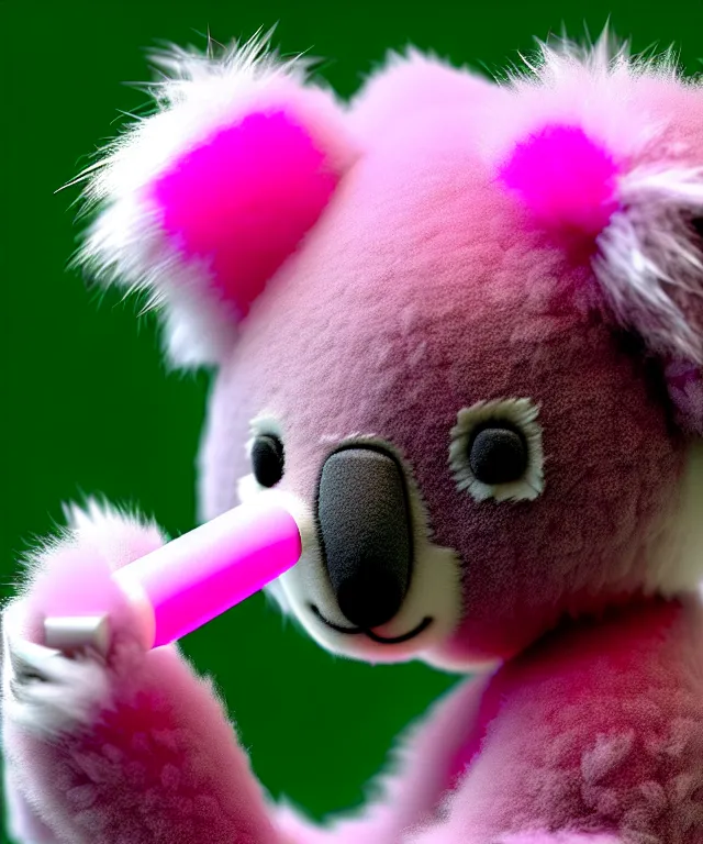 Image similar to high quality 3 d render hyperrealistic very cute small pink koala smoking weed joint, rising smoke, plush mascot, short spiky dense fluffy smooth hair, photo from the side, pink fluffy fur, 1 5 0 mm, beautiful natural soft light, rim light, vray, smooth background, artstation, ultra detailed