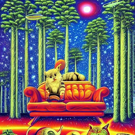 Prompt: psychedelic trippy couch pine forest, planets, milky way, sofa, cartoon cat by rob gonsalves