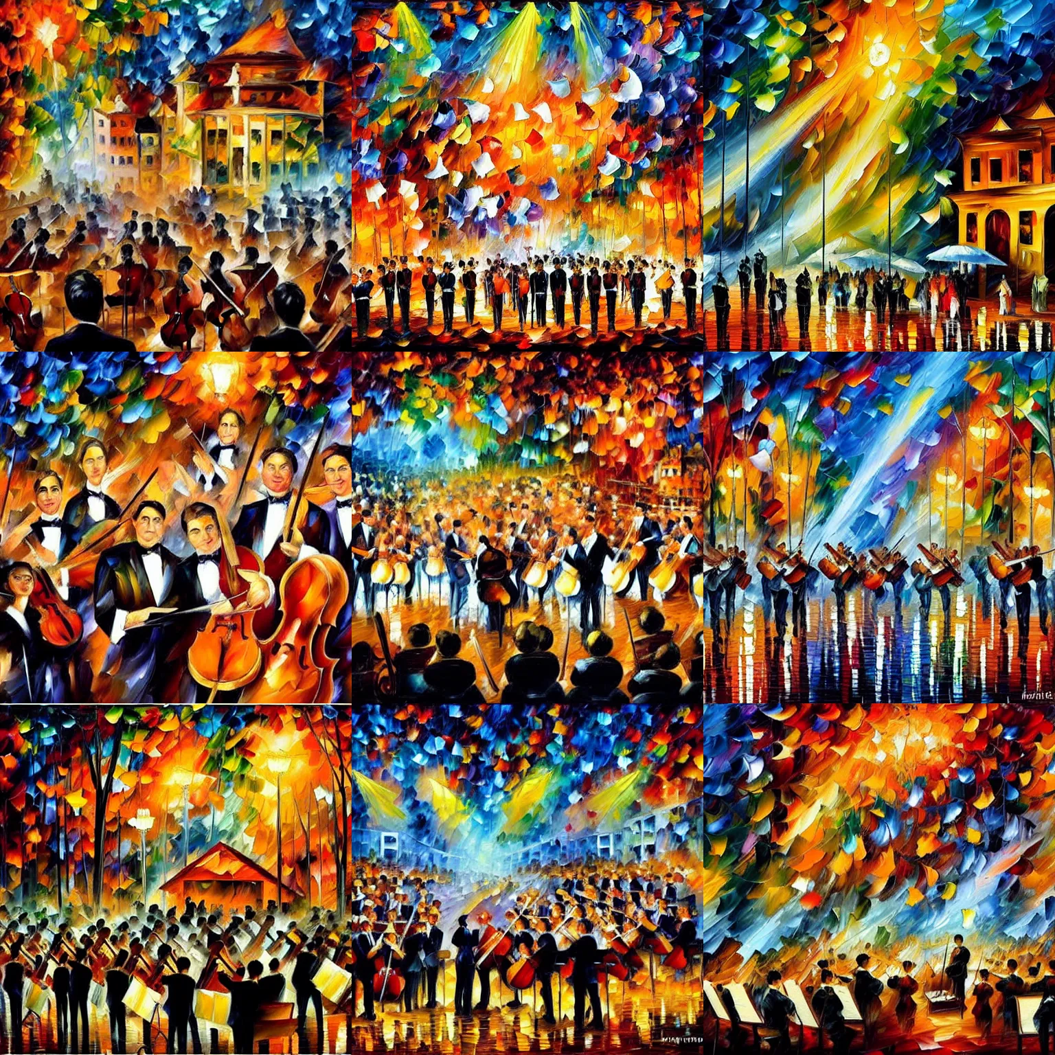 Prompt: leonid afremov background, oil painting, shadow puppet of an orchestra foreground