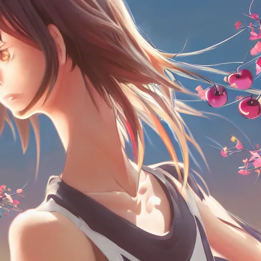 Image similar to girl running, sport clothing, anime style, short hair, hair down, symmetrical facial features, realistic anatomy, from arknights, hyper realistic, 4 k, rule of thirds, extreme detail, detailed drawing, trending artstation, realistic lighting, by alphonse mucha, greg rutkowski, sharp focus, backlit, falling sakura cherry