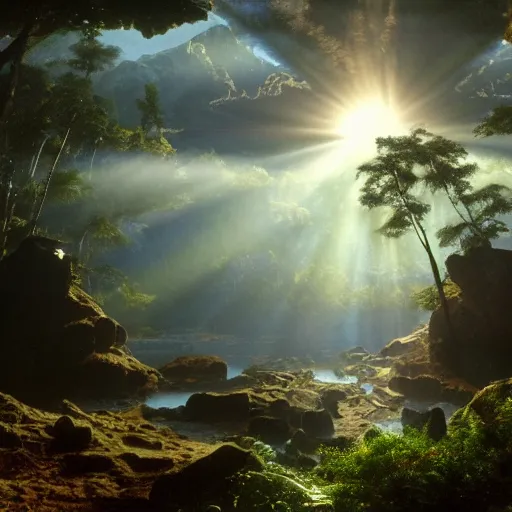 Image similar to rhythmic interval tectonic surfaces as resonant harmonic organic mystical megastructure crystal lattice pyramid architectures exploding with light and god rays in a hawaiian forest by albert bierstadt, by glen small, by giovanni battista piranesi, photorealistic, god rays, octane render, depth of field, volumetric light, volumetric fog