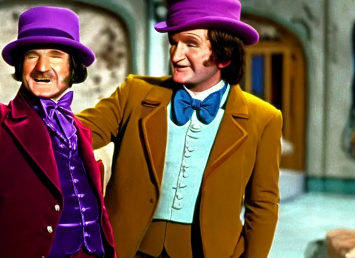 Image similar to film still of Robin Williams as Willy Wonka in Willy Wonka and the Chocolate Factory 1971