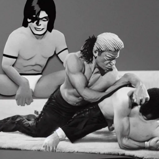 Prompt: donald trump wrestling michael jackson, photorealistic in the style of ansel adams