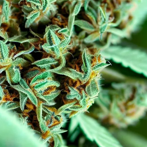 Prompt: beautiful marijuana flower with buds covered in stunning trichomes, extreme close - up highly - detailed macro photography, focus, centered, dslr in the style of high times