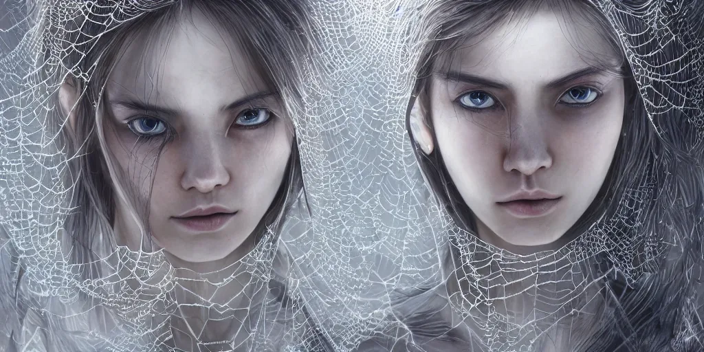 Prompt: hyperrealistic photography of a highly detailed and symmetrical gorgeous nordic female covered with luminous spiderwebs in the style of jin kagetsu, james jean and wlop, highly detailed, face symmetry, highly realistic hands, masterpiece, award - winning, sharp focus, intricate concept art, ambient lighting, 8 k, artstation