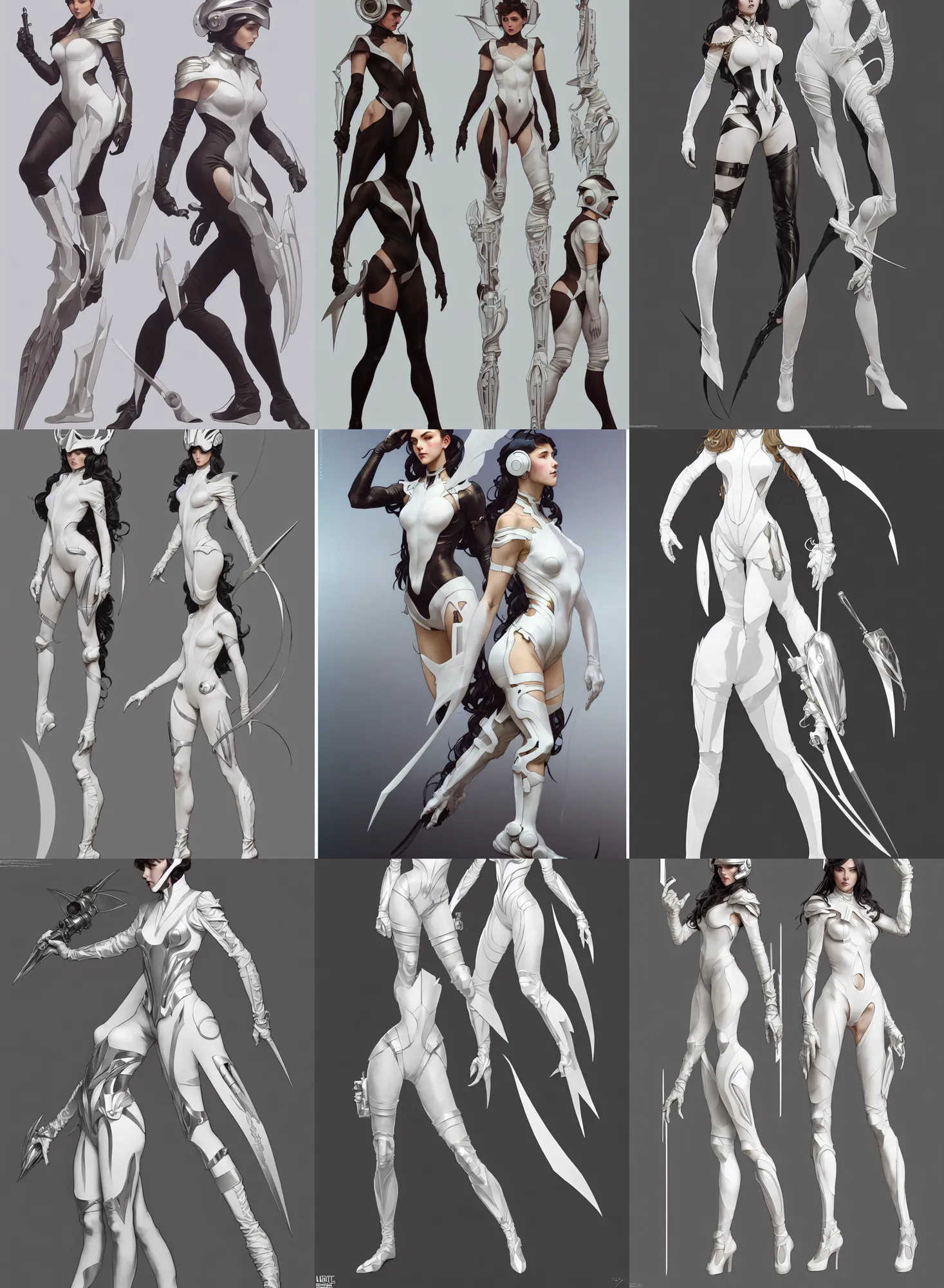 Image similar to a full body character design by artgerm, cushart krenz, greg rutkowski and alphonse mucha. sci - fi dagger. white tape project show attctive showgirl!! full body with helmet!! sharp edge. ultra clear detailed. contour light effect!! 8 k. stage light. ultra detailed, elegant, intricate, octane render.