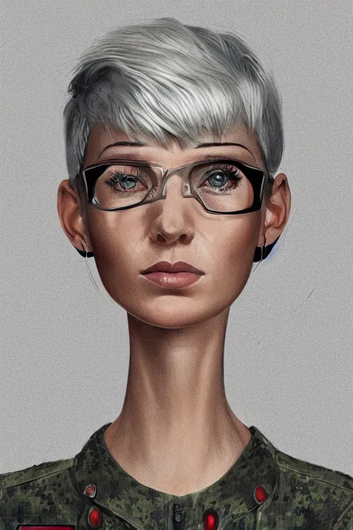 Image similar to portrait of a military engineer woman with short white hair, wearing overalls, medium shot, portrait, concept art, vector line art, natural lighting, somber, solemn, serious, illustration, highly detailed, artstation,