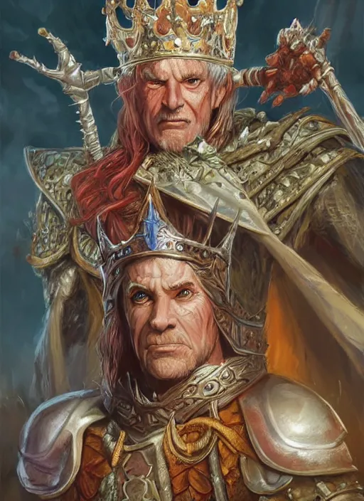 Image similar to old king wearing crown, ultra detailed fantasy, dndbeyond, bright, colourful, realistic, dnd character portrait, full body, pathfinder, pinterest, art by ralph horsley, dnd, rpg, lotr game design fanart by concept art, behance hd, artstation, deviantart, hdr render in unreal engine 5
