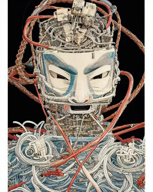 Image similar to Hokusai portrait of a robot saint made of cables and robotic pod by James Jean